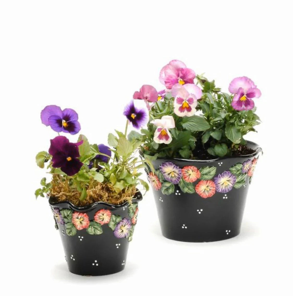 Ceramic Pansy Flower Black Planters (Set of 2) Garden Decor Gift for Her Gift for Mom - planter