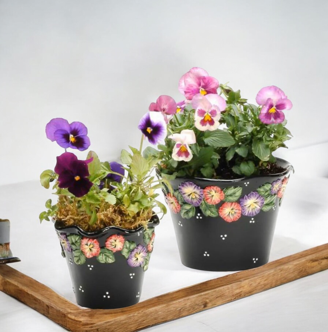 Ceramic Pansy Flower Black Planters (Set of 2) Garden Decor Gift for Her Gift for Mom - planter