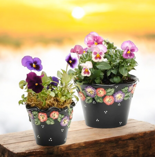 Ceramic Pansy Flower Black Planters (Set of 2) Garden Decor Gift for Her Gift for Mom - planter