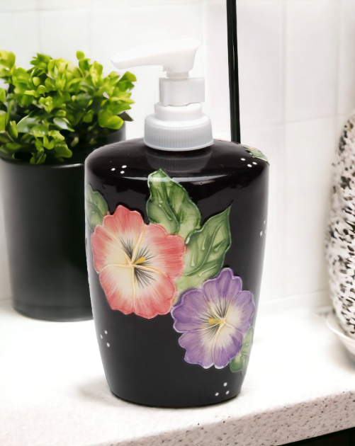 Ceramic Pansy Flower Black Soap Dispenser Pump Home Décor Gift for Her Gift for Mom Kitchen Décor Bathroom Decor - Soap