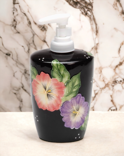 Ceramic Pansy Flower Black Soap Dispenser Pump Home Décor Gift for Her Gift for Mom Kitchen Décor Bathroom Decor - Soap