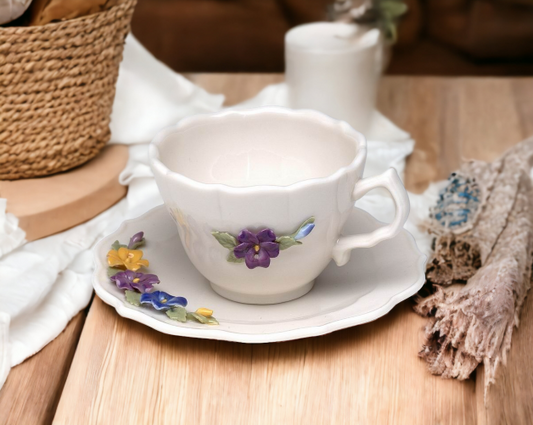 Ceramic Pansy Flower Mini Cup and Saucer Figurine Home Décor Gift for Her Gift for Mom Kitchen Décor - Figurine