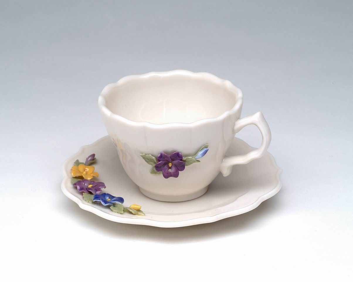 Ceramic Pansy Flower Mini Cup and Saucer Figurine Home Décor Gift for Her Gift for Mom Kitchen Décor - Figurine