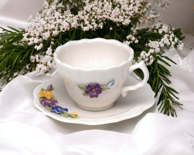 Ceramic Pansy Flower Mini Cup and Saucer Figurine Home Décor Gift for Her Gift for Mom Kitchen Décor - Figurine
