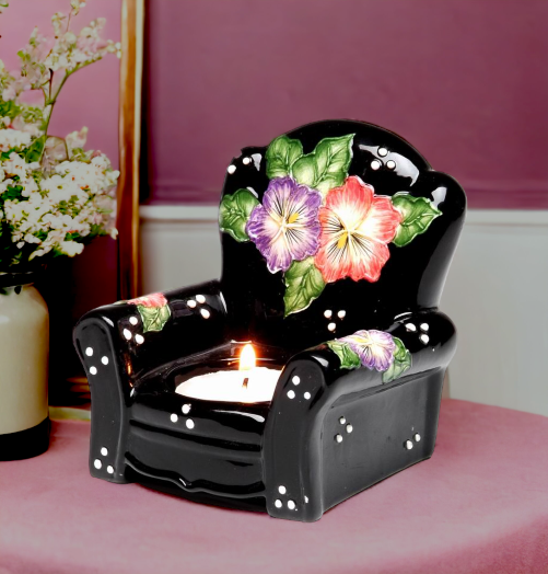Ceramic Pansy Flowers Black Chair Tealight Candle Holder Home Décor Gift for Her Gift for Mom Kitchen Décor Bathroom