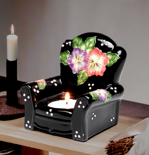 Ceramic Pansy Flowers Black Chair Tealight Candle Holder Home Décor Gift for Her Gift for Mom Kitchen Décor Bathroom