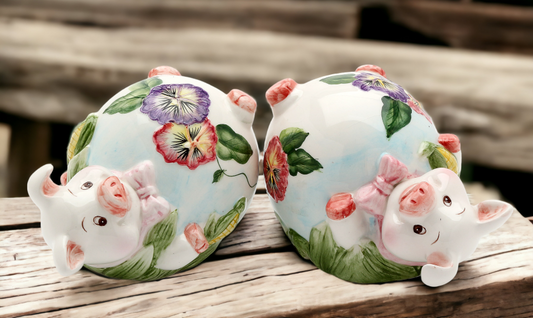 Ceramic Pansy Pig Figurine Two Piece Set Home Décor Gift for Her Mom Kitchen Décor Farmhouse Décor Vintage Decor