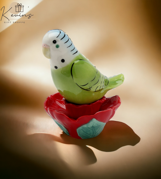 Ceramic Parakeet Bird on Flower Magnetic Salt & Pepper Shakers Home Décor Gift for Her Gift for Mom Kitchen Décor