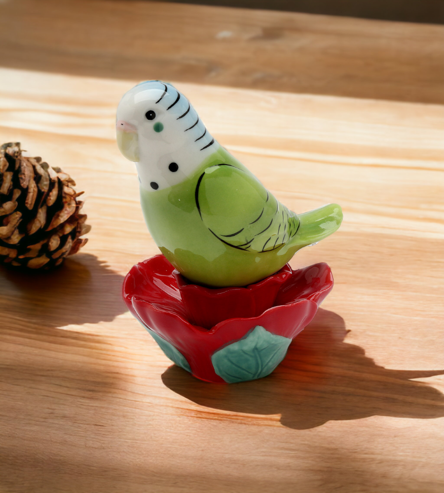Ceramic Parakeet Bird on Flower Magnetic Salt & Pepper Shakers Home Décor Gift for Her Gift for Mom Kitchen Décor