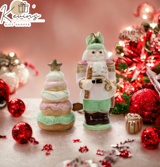Ceramic Pastel Color Nutcracker & Donut Tree Salt And Pepper Home Décor Gift for Her Gift for Mom Kitchen Décor