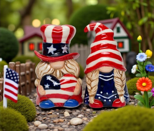 Ceramic Patriot Gnome Salt and Pepper Shakers July 4th Decor Independence Day Decor Fairy Garden Decor Patriotic Gift