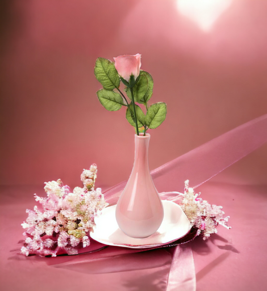 Ceramic Peace Rose Bud inside a Pink Vase Valentines Decor Wedding Décor Wedding Gift Wedding Favor Anniversary Décor