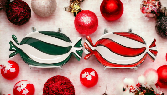 Ceramic Peppermint Candy Dish Set of 2 - Red And Green Christmas Decor Kitchen Decor Gift for Her Gift for Mom - Candy