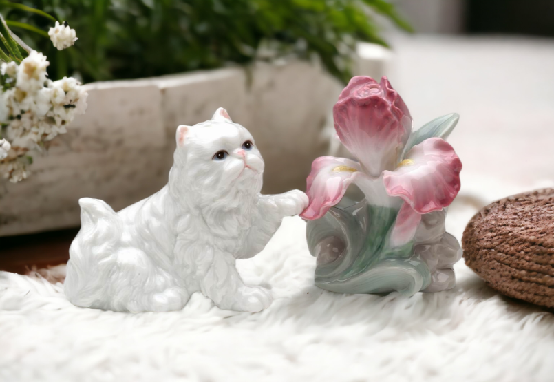Ceramic Persian Cat and Iris Flower Salt & Pepper Home Décor Gift for Her Gift for Mom Kitchen Décor Cat Lovers Gift