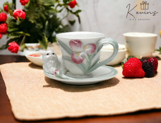Ceramic Persian Cat with Iris Flower Cup & Saucer Gift for Her Gift for Mom Gift for Friend or Coworker Tea Party Décor