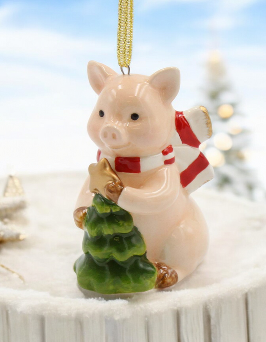 Ceramic Pig With Christmas Tree Tree Ornament Christmas Decor Farmhouse Decor Gift for Her - Ornament