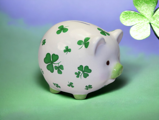 Ceramic Pig with Shamrock Design Piggy Bank Home Décor Gift for Her Gift for Mom Kitchen Décor Irish Saint Patrick’s