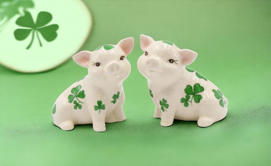 Ceramic Pigs with Shamrock Design Salt and Pepper Shakers Gift for Her Gift for Mom Kitchen Décor Irish Saint Patrick’s