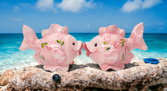 Ceramic Pink Fish with Hearts Salt and Pepper Shakers Valentines Day Decor Gift for Her Kitchen Decor, - Salt & Pepper