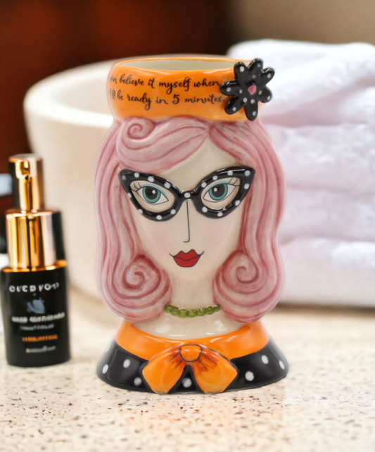 Ceramic Pink Hair Lady Makeup Brush Holder Home Décor Gift for Her Mom Friend or Coworker Vanity Décor Office Decor