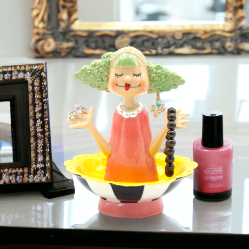 Ceramic Pink Hair Lady Vanity Decor Jewelry Holder Home Décor Gift for Her Gift for Mom Vanity Décor - Jewelry Holders