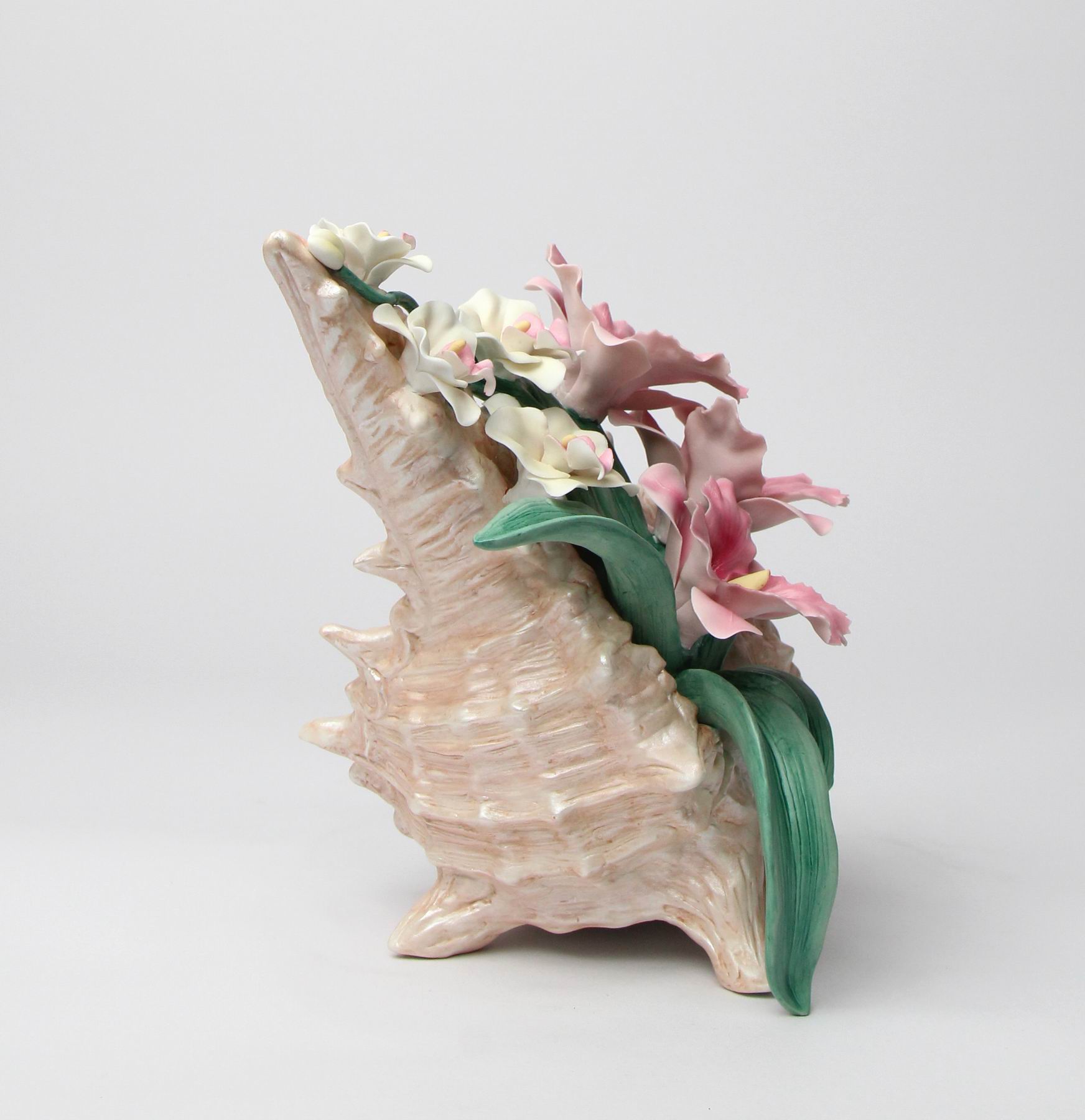 Ceramic Pink Orchid and Narcissus Flowers in a Seashell Figurine Home Décor Gift for Her Gift for Mom Spring Décor