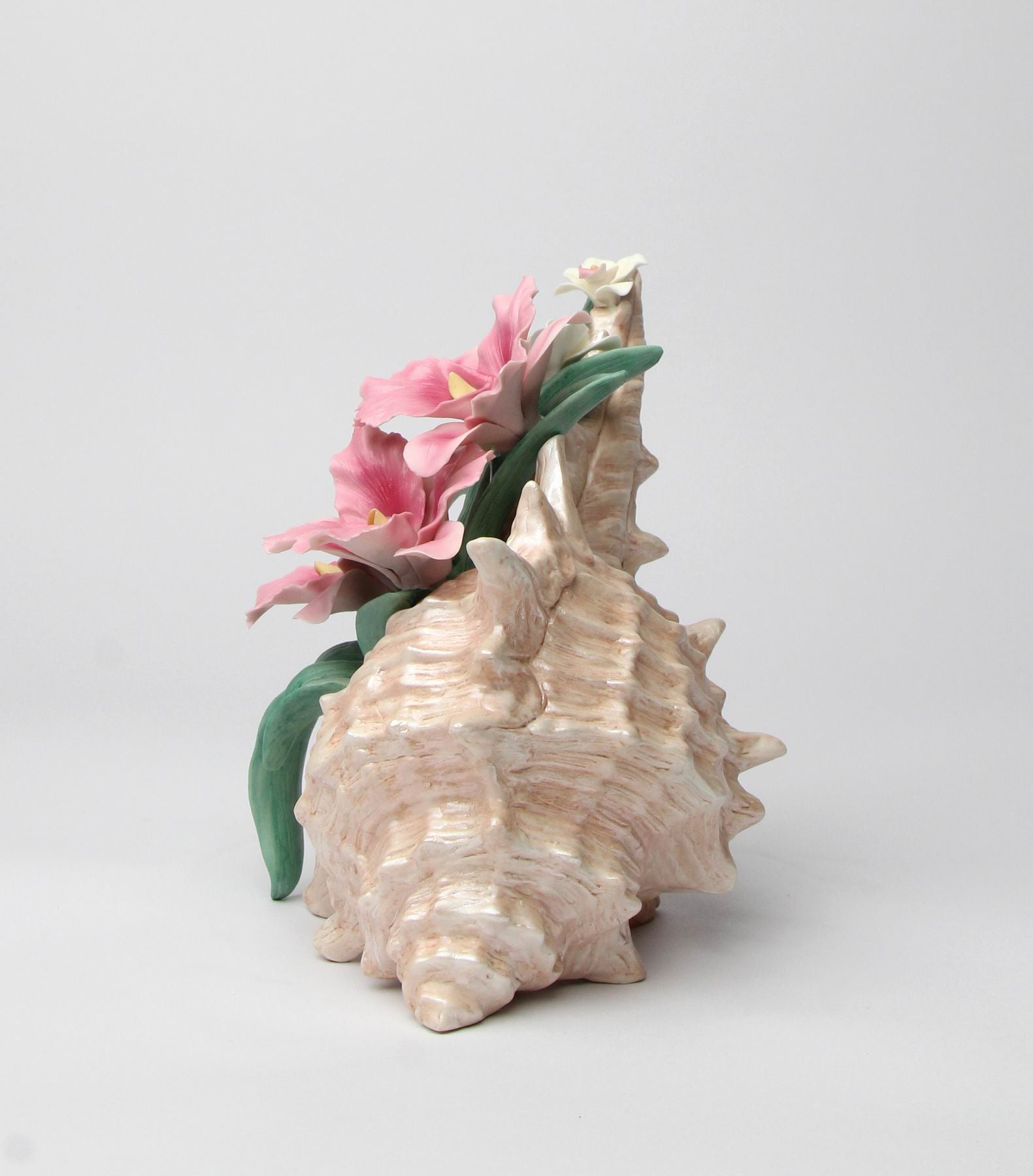 Ceramic Pink Orchid and Narcissus Flowers in a Seashell Figurine Home Décor Gift for Her Gift for Mom Spring Décor