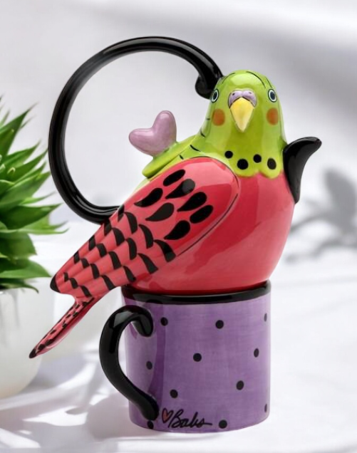 Ceramic Pink Parakeet Bird Tea for One Afternoon Tea Party Bird Watcher Gift Gift for Her - tea