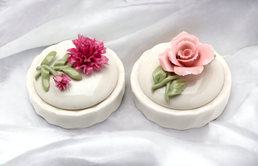 Ceramic Pink Rose and Carnation Flower Trinket Box (Set Of 2) Home Décor Gift for Her Gift for Mom Vanity Décor Wedding