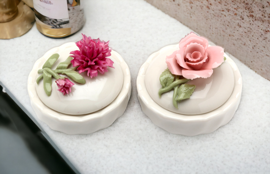 Ceramic Pink Rose and Carnation Flower Trinket Box (Set Of 2) Home Décor Gift for Her Gift for Mom Vanity Décor Wedding