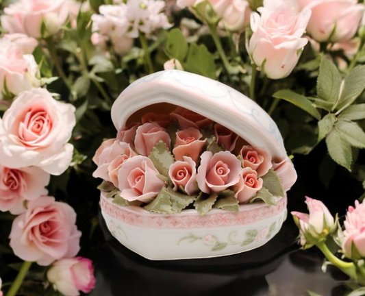 Ceramic Pink Rose Flower Bouquet Heart Box Gift for Her Gift for Mom - box
