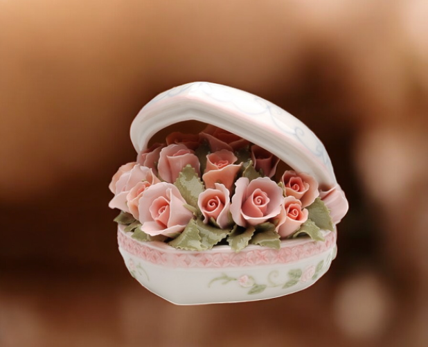 Ceramic Pink Rose Flower Bouquet Heart Box Gift for Her Gift for Mom - box