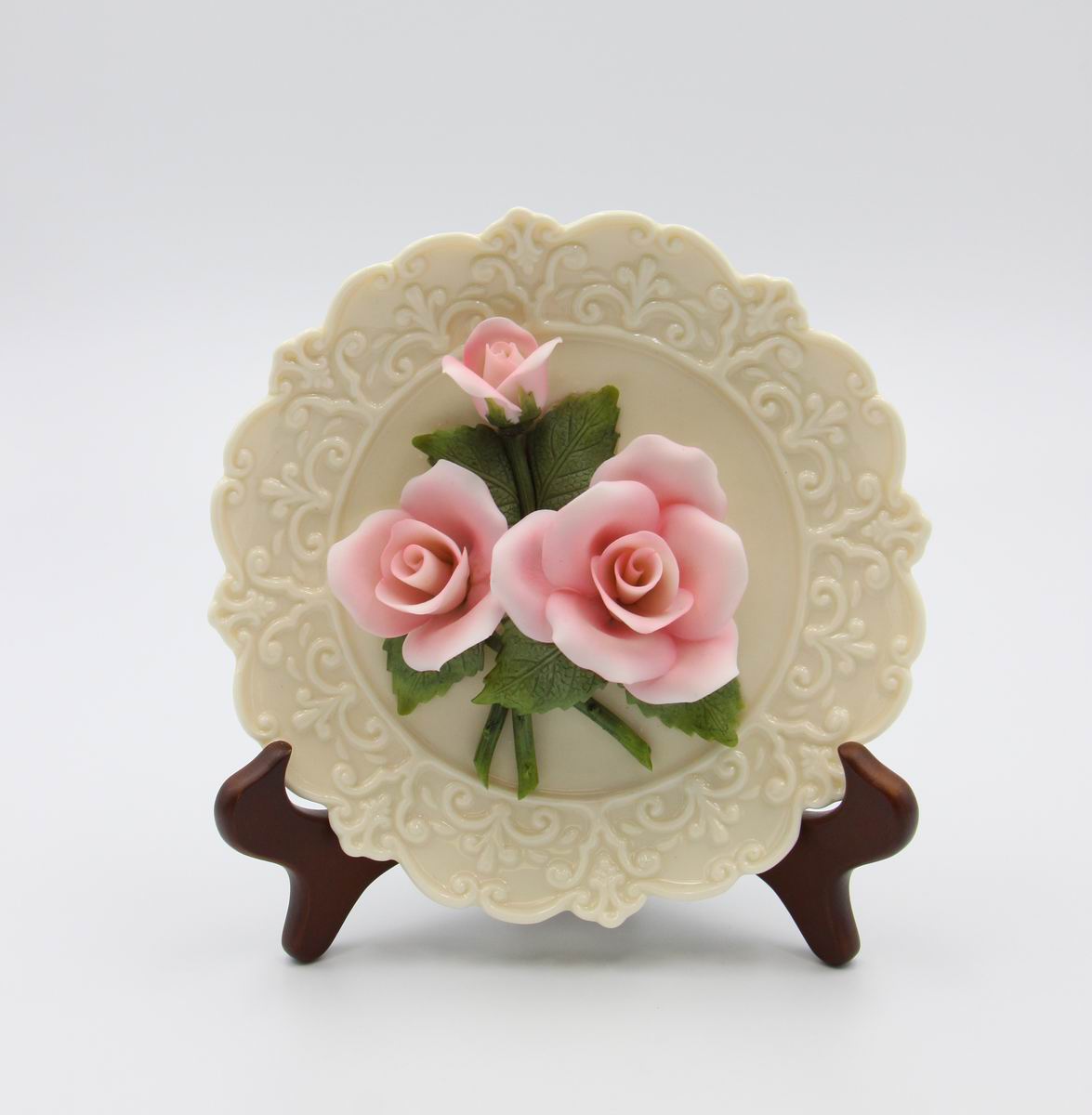 Ceramic Pink Rose Flower Plaque with Stand Home Décor Gift for Her Gift for Mom Nature Lover Gift Vintage Decor - Plates