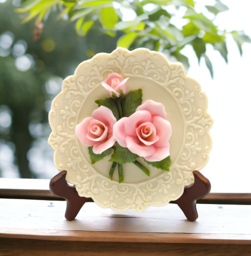 Ceramic Pink Rose Flower Plaque with Stand Home Décor Gift for Her Gift for Mom Nature Lover Gift Vintage Decor - Plates
