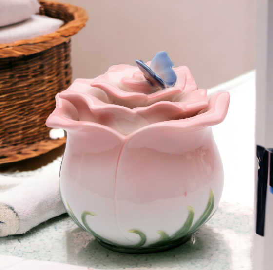 Ceramic Pink Rose Flower With Butterfly Jewelry Box Home Décor Gift for Her Gift for Mom Vanity Décor Wedding Table