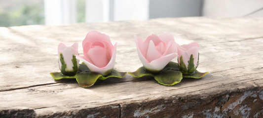 Ceramic Pink Rose Flowers with Buds Candle Holders - Set of 2 Romantic Decor Garden Decor Vintage Decor Gift for Mom