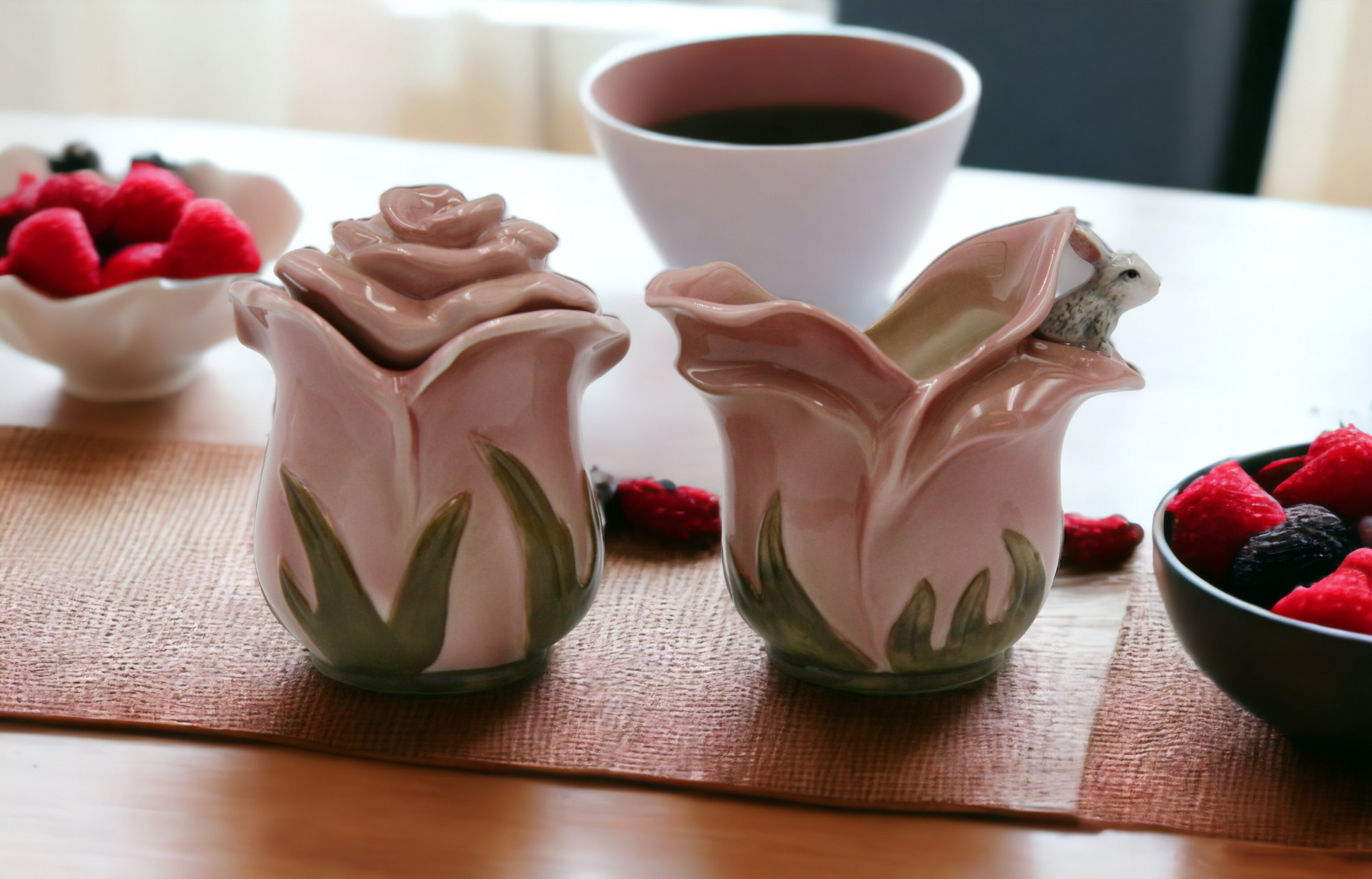 Ceramic Pink Rose Flowers with Bunny Rabbit Sugar and Creamer Set Home Décor Gift for Her Kitchen Décor Spring Décor