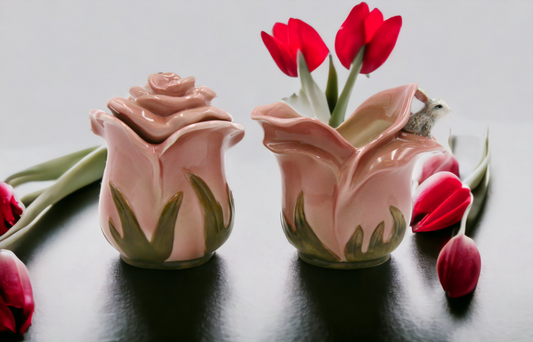 Ceramic Pink Rose Flowers with Bunny Rabbit Sugar and Creamer Set Home Décor Gift for Her Kitchen Décor Spring Décor