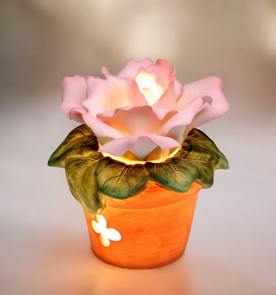 Ceramic Pink Rose in Pot Nightlight Home Decor Gift for Her Gift for Mom Romantic Decor - Night Lights & Ambient