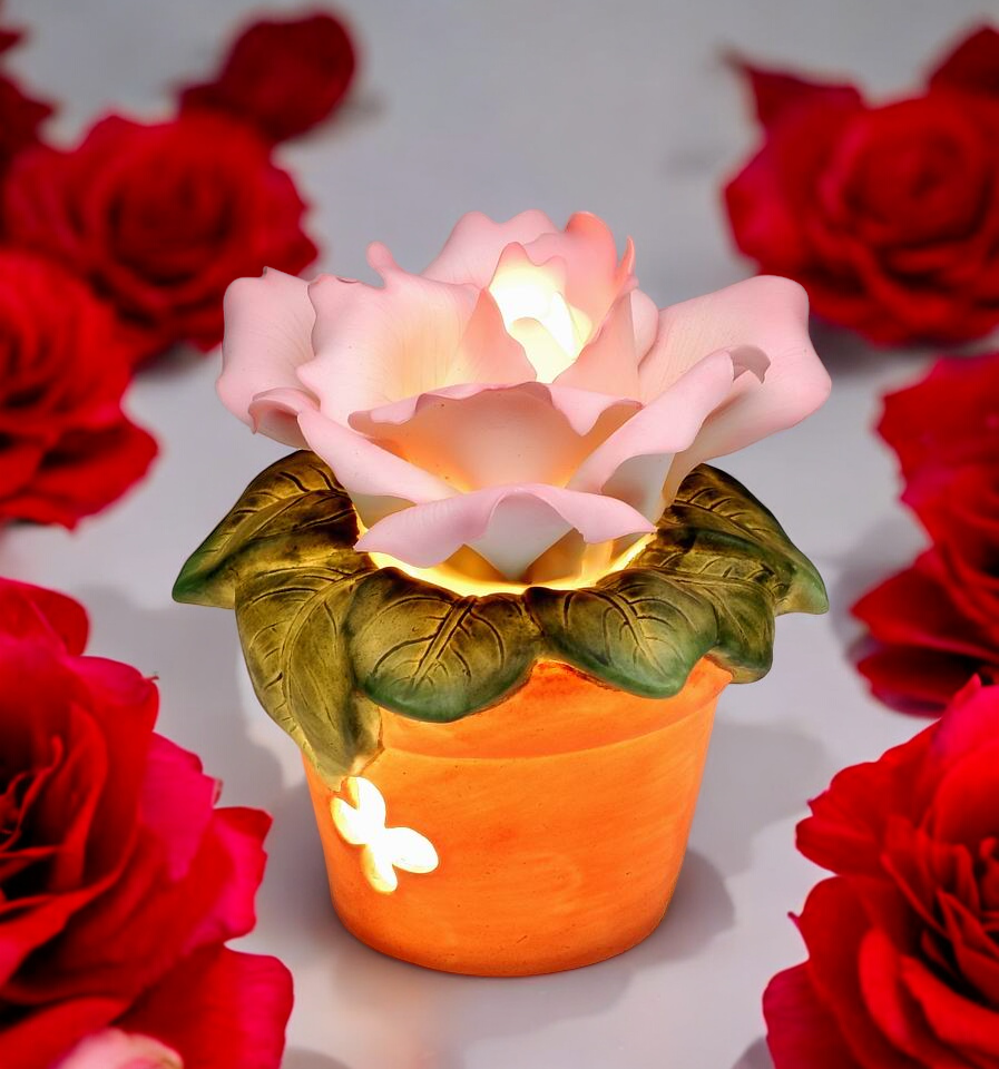 Ceramic Pink Rose in Pot Nightlight Home Decor Gift for Her Gift for Mom Romantic Decor - Night Lights & Ambient