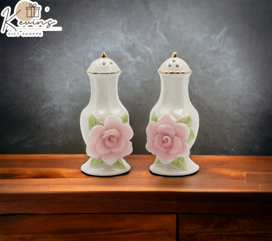 Ceramic Pink Rose Jar With Gold Trim Salt And Pepper Shakers Home Décor Gift for Her Gift for Mom Kitchen Décor - Salt