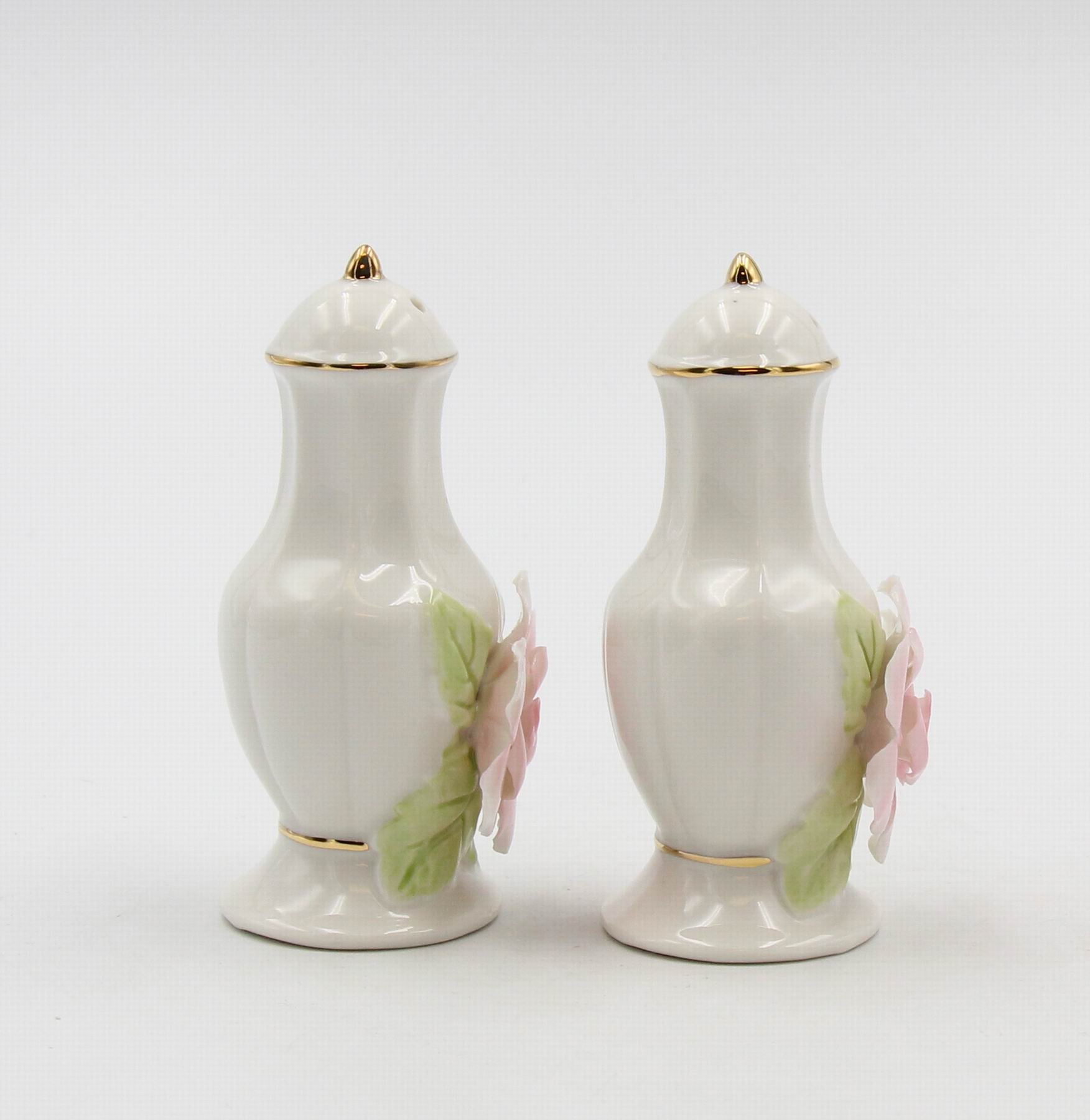 Ceramic Pink Rose Jar With Gold Trim Salt And Pepper Shakers Home Décor Gift for Her Gift for Mom Kitchen Décor - Salt