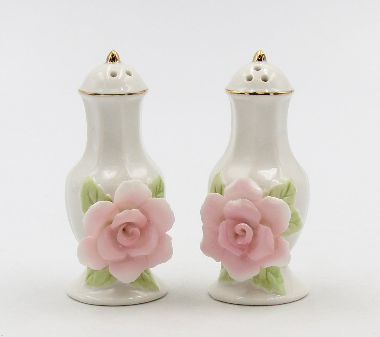 Pink Rose Jar With Gold Trim Salt And Pepper - kevinsgiftshoppe