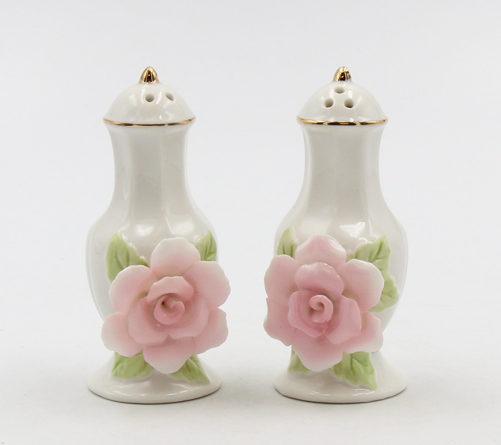 Pink Rose Jar With Gold Trim Salt And Pepper - kevinsgiftshoppe