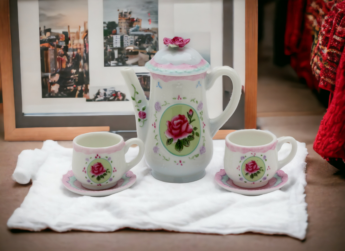 Ceramic Pink Rose Mini Tea Set- 5 Piece Set Gift for Her Gift for Mom Gift for Friend or Coworker Tea Party Décor Café