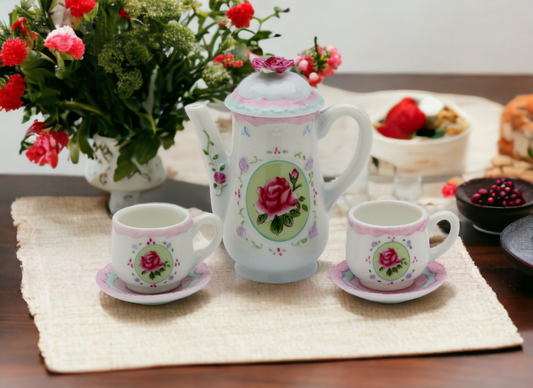 Ceramic Pink Rose Mini Tea Set- 5 Piece Set Gift for Her Gift for Mom Gift for Friend or Coworker Tea Party Décor Café