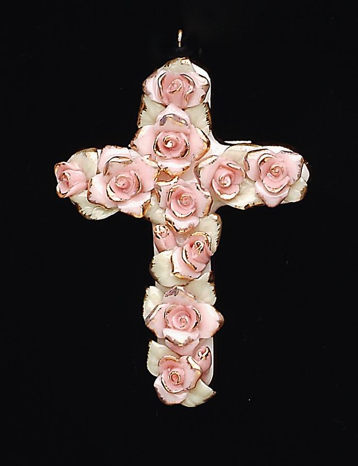 Ceramic Pink Roses Cross Pendant Religious Décor Religious Gift Church Décor Church Gift Baptism Gift - Pendant
