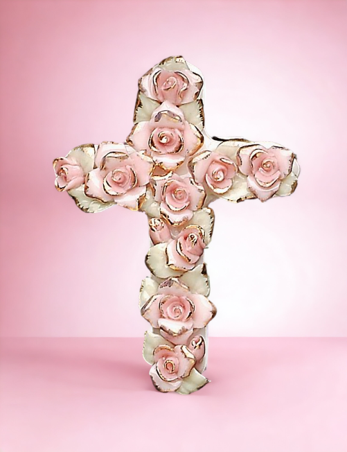 Ceramic Pink Roses Cross Pendant Religious Décor Religious Gift Church Décor Church Gift Baptism Gift - Pendant