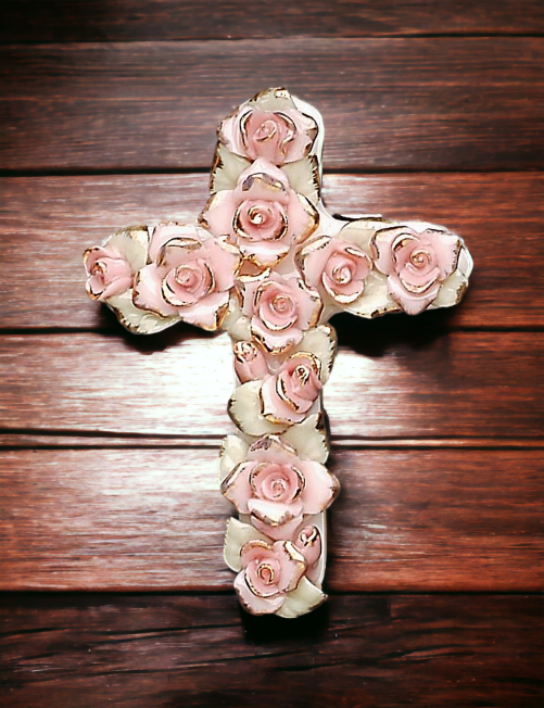 Ceramic Pink Roses Cross Pendant Religious Décor Religious Gift Church Décor Church Gift Baptism Gift - Pendant