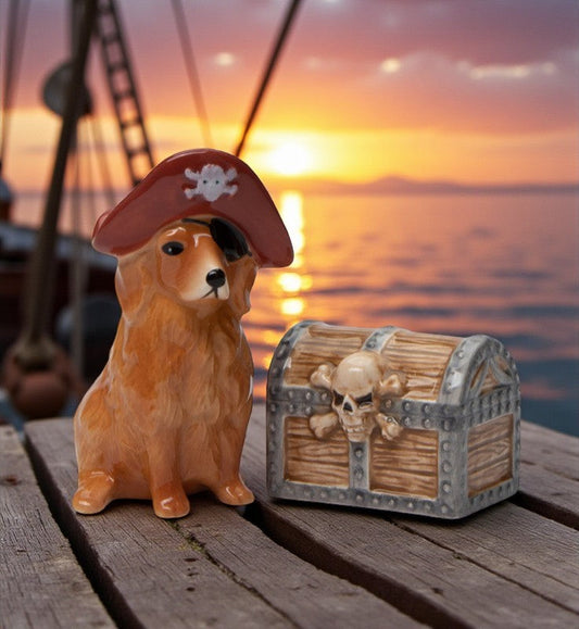 Ceramic Pirate Golden Retriever Dog & Treasure Box Salt & Pepper Shakers Gift for Her Gift for Mom Kitchen Décor Dog
